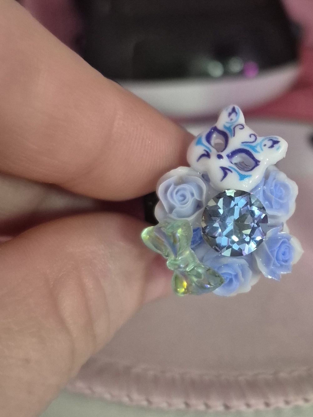 Blue Floral Crystal Ring with Mask and Butterfly Accent